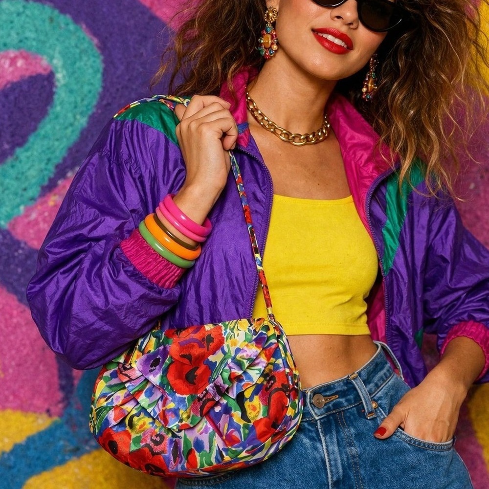 Vintage J. Reneé Floral Satin Shoulder Bag 80s 90s Colorful Hong Kong‎